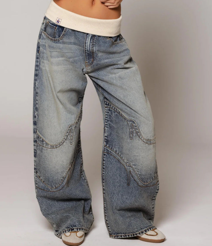 Retro Street Washed Distressed Blue Jeans with knit waistband