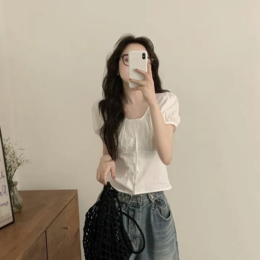 Cute french puff sleeve shirt with bow