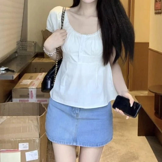 Cute Puff Sleeve White Shirt Women's Top