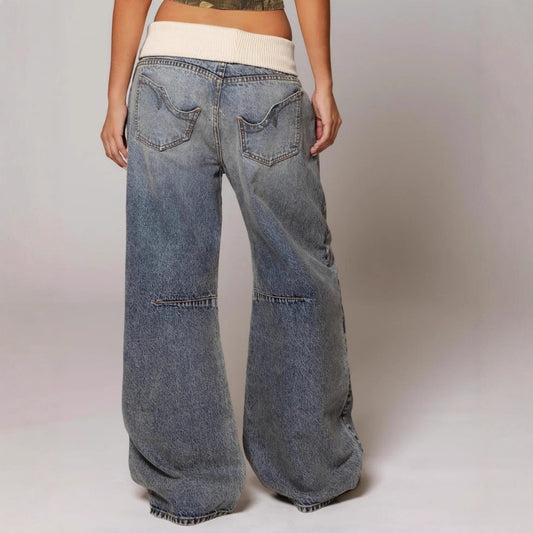 Retro Street Washed Distressed Blue Jeans with knit waistband