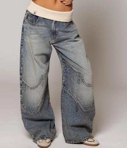 Retro Street Washed Distressed Blue Jeans with knit waistband