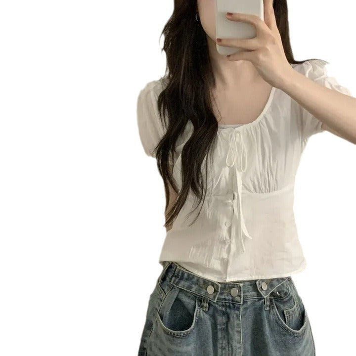 Cute french puff sleeve shirt with bow