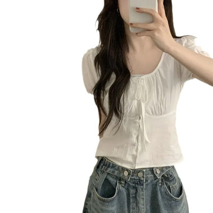 Cute french puff sleeve shirt with bow