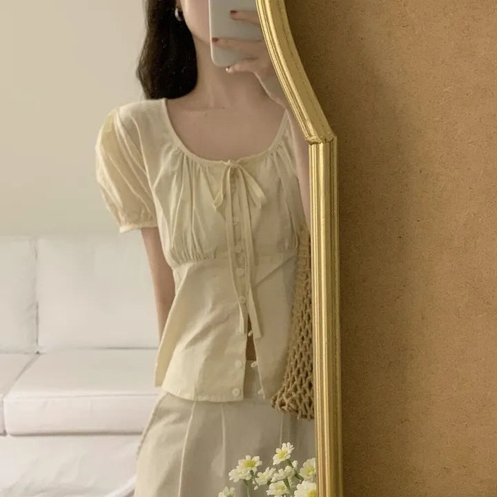 Cute french puff sleeve shirt with bow