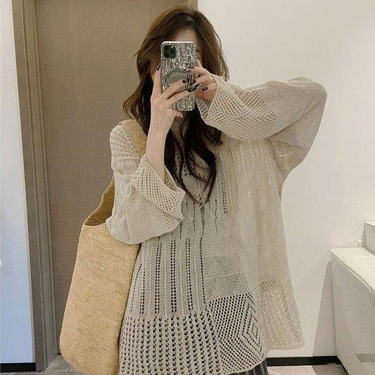 Korean Style Knitted Cardigan Thin Long Sleeve Round Neck Camisole Outer Wear