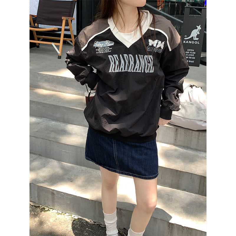 Women's American Printed V-neck Casual Loose jumper