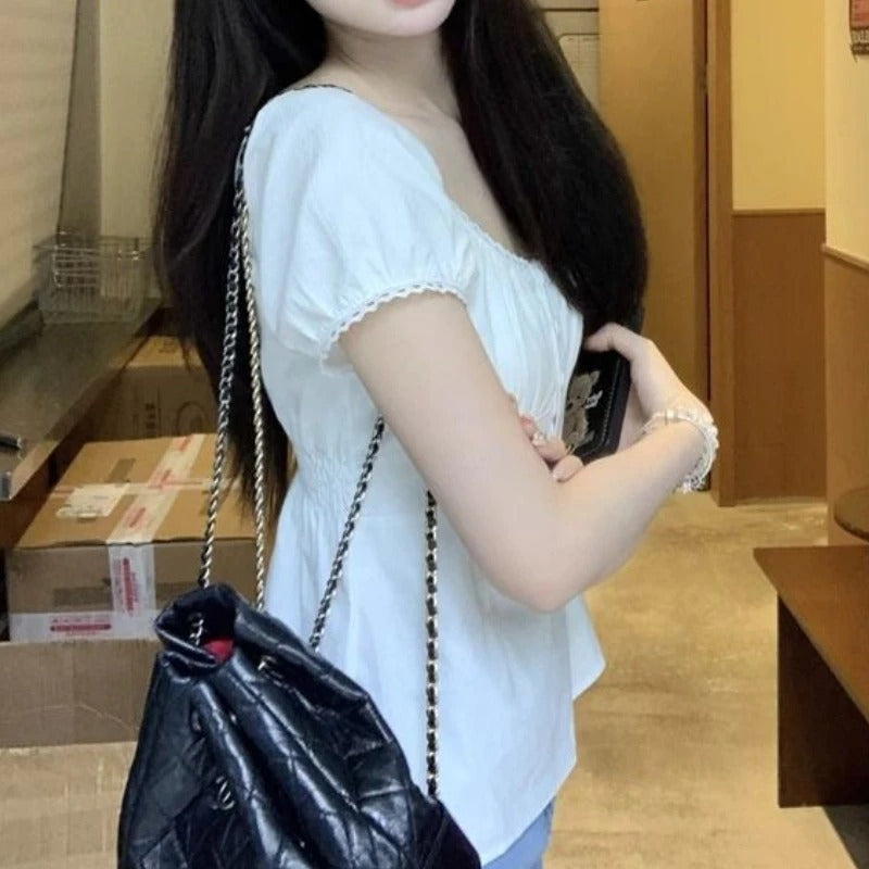 Cute Puff Sleeve White Shirt Women's Top