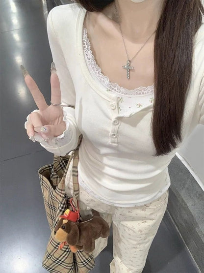 Floral Lace Long Sleeve Slim Fit Two-piece Top