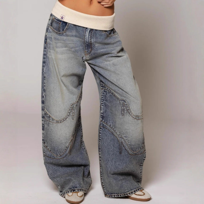 Retro Street Washed Distressed Blue Jeans with knit waistband