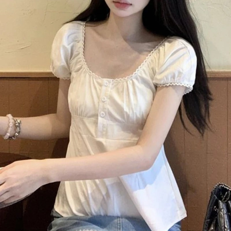 Cute Puff Sleeve White Shirt Women's Top