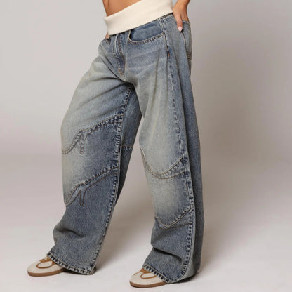 Retro Street Washed Distressed Blue Jeans with knit waistband