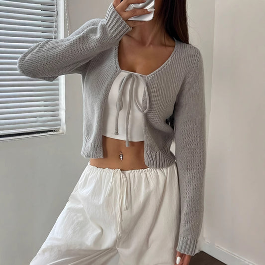 Grey front tie cardigan