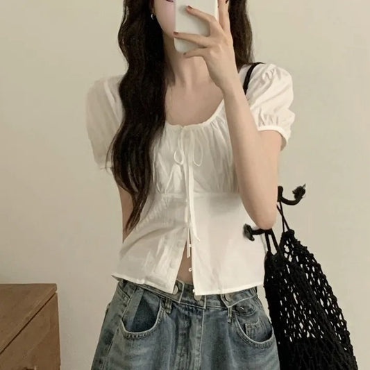 Cute french puff sleeve shirt with bow