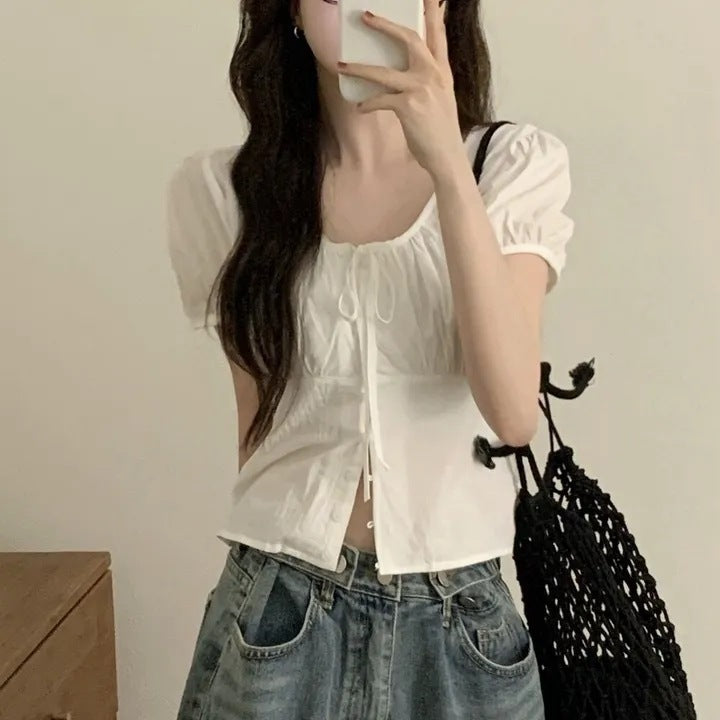 Cute french puff sleeve shirt with bow