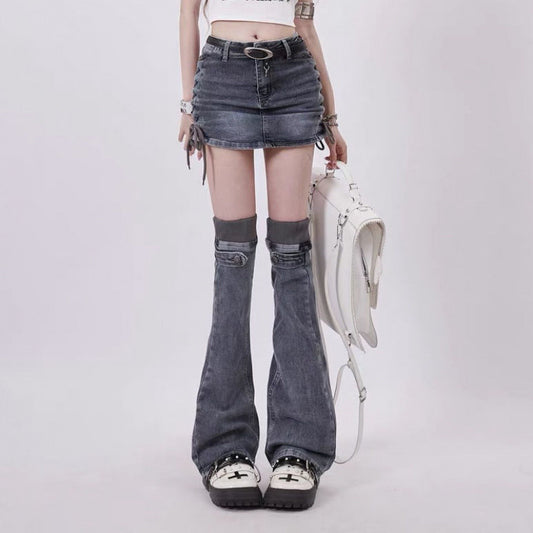 Mini Denim bow Skirt and leg warmer set