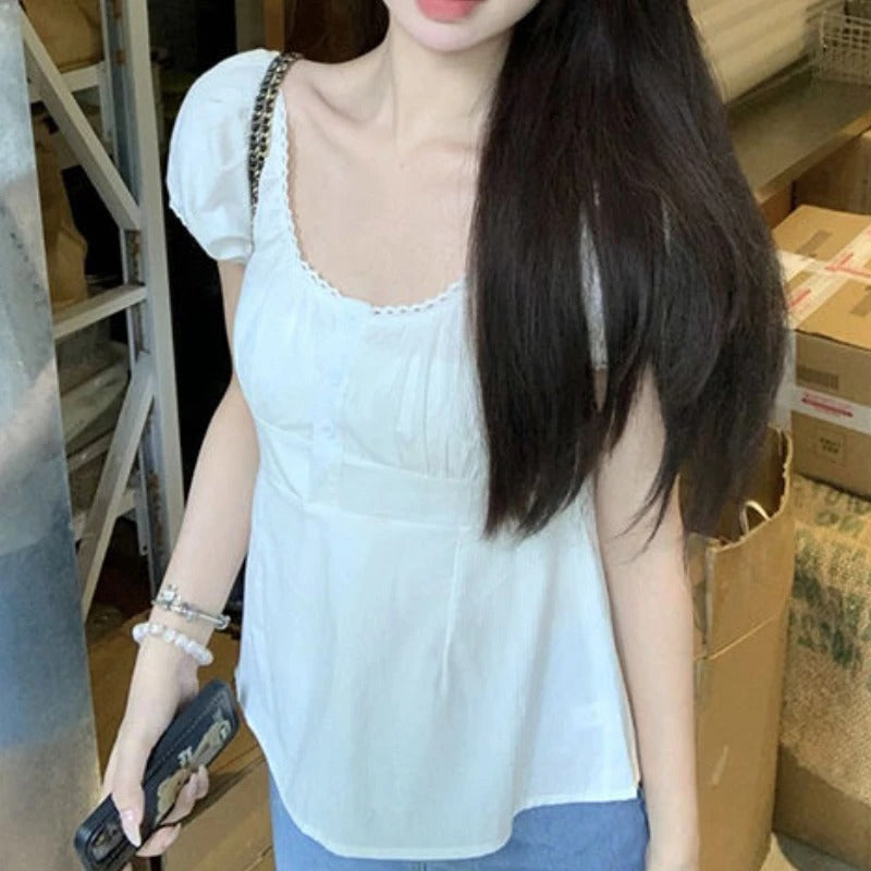 Cute Puff Sleeve White Shirt Women's Top