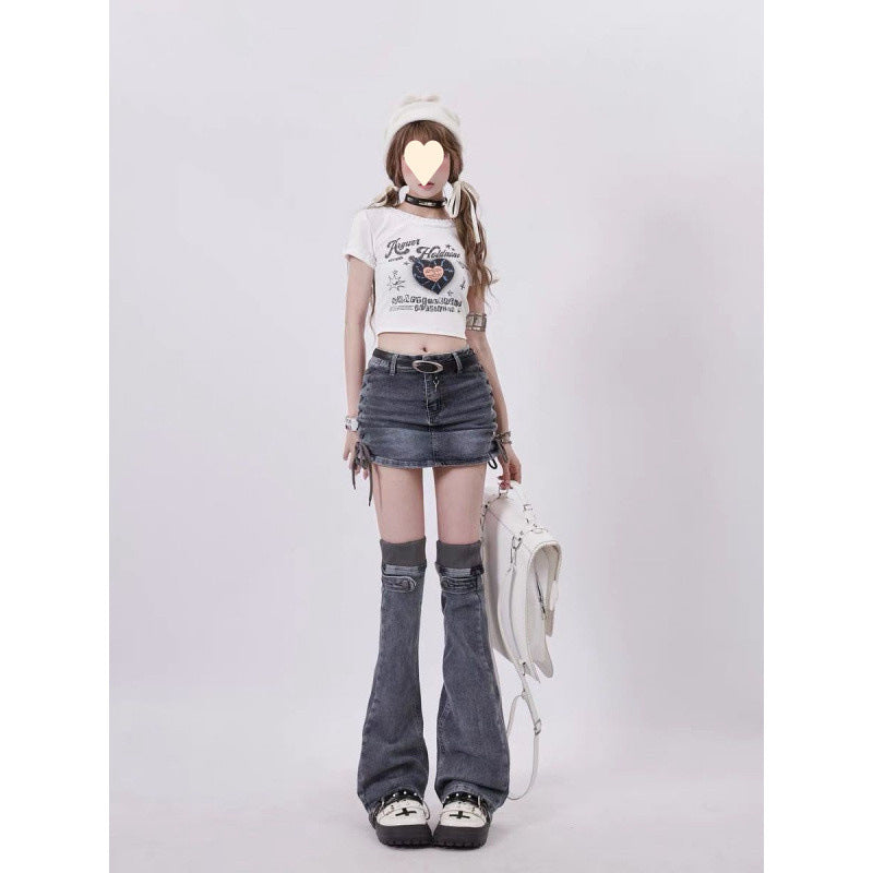 Mini Denim bow Skirt and leg warmer set