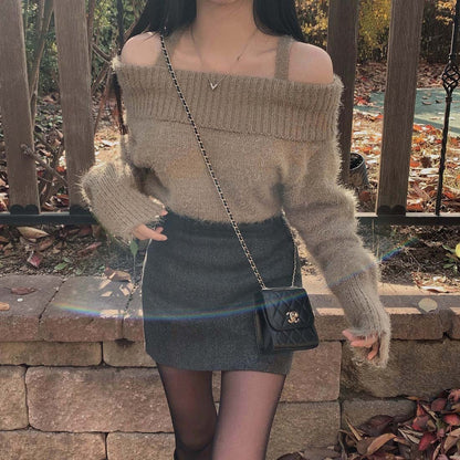 Off-the-shoulder Off-neck Sweater Women's Large Knitted Top