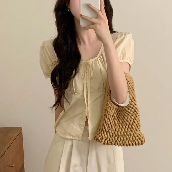 Cute french puff sleeve shirt with bow