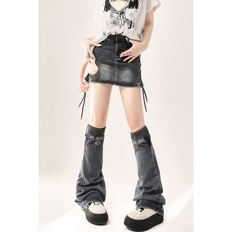 Mini Denim bow Skirt and leg warmer set