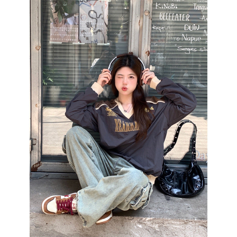 Women's American Printed V-neck Casual Loose jumper