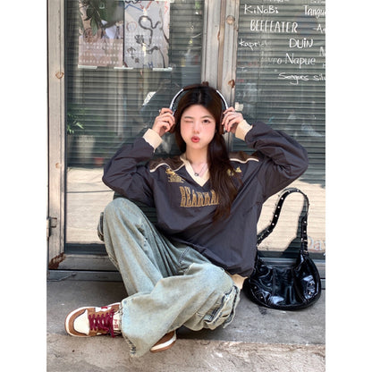 Women's American Printed V-neck Casual Loose jumper