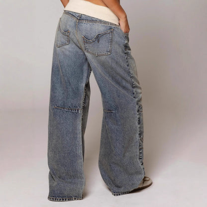 Retro Street Washed Distressed Blue Jeans with knit waistband