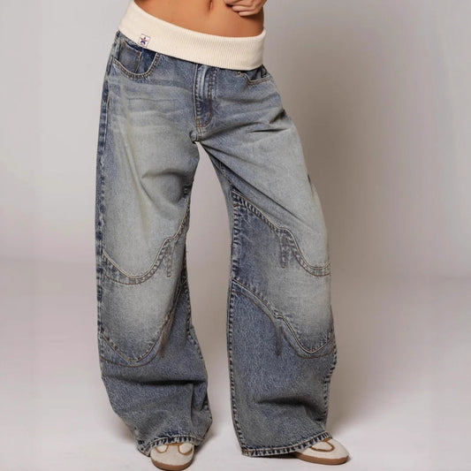 Retro Street Washed Distressed Blue Jeans with knit waistband