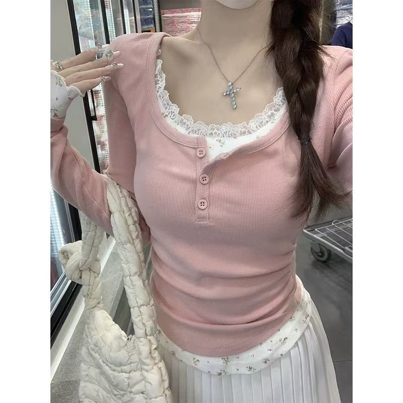 Floral Lace Long Sleeve Slim Fit Two-piece Top