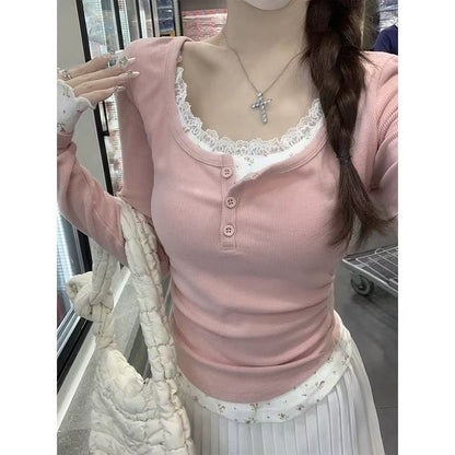 Floral Lace Long Sleeve Slim Fit Two-piece Top
