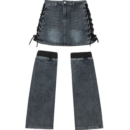 Mini Denim bow Skirt and leg warmer set