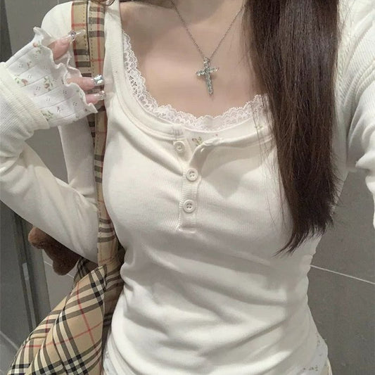 Floral Lace Long Sleeve Slim Fit Two-piece Top