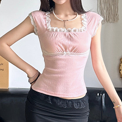Sweet Shoujo Lace Square Collar Short Sleeve T-shirt