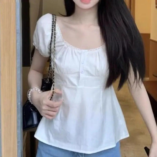 Cute Puff Sleeve White Shirt Women's Top
